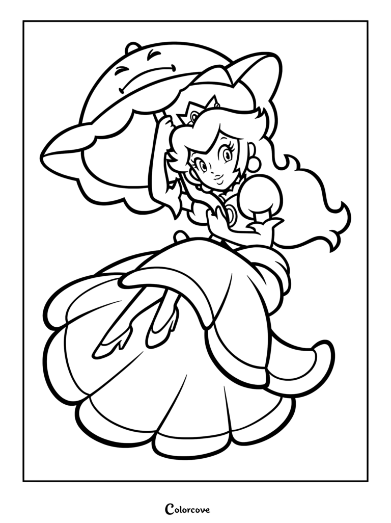 Princess Peach holding Perry the Parasol above her head in this detailed line art coloring page.