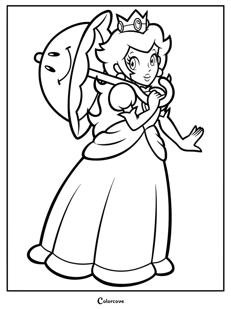 Princess Peach holding Perry the Parasol in this printable coloring page line art.