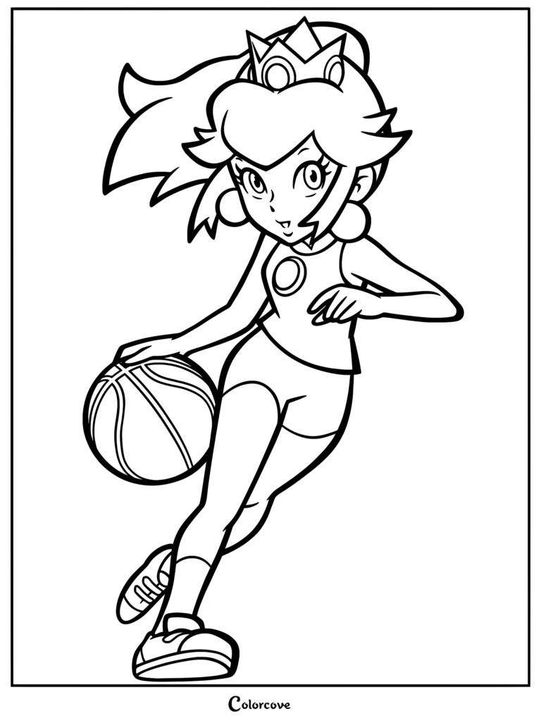 Princess Peach wearing a sports outfit and crown dribbling a basketball in this printable coloring page.