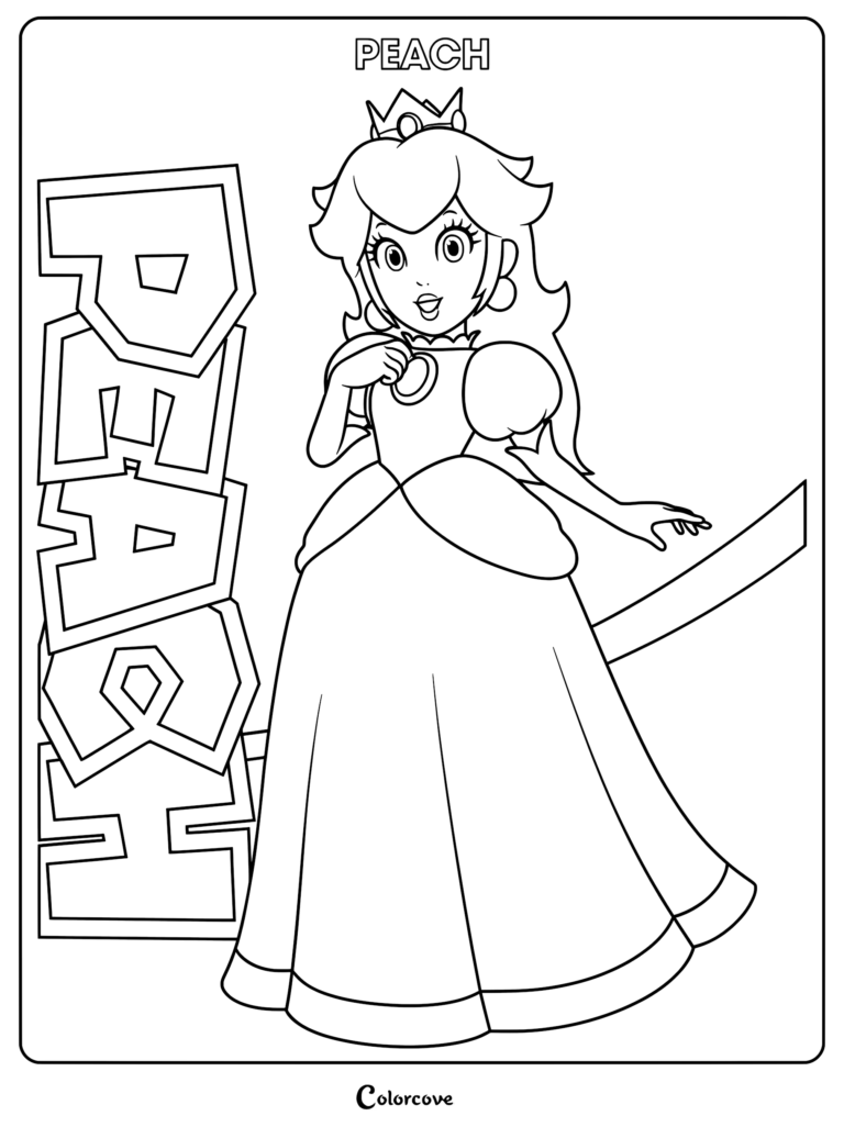 Princess Peach wearing her crown and gown next to large block letters spelling PEACH in a printable coloring page.