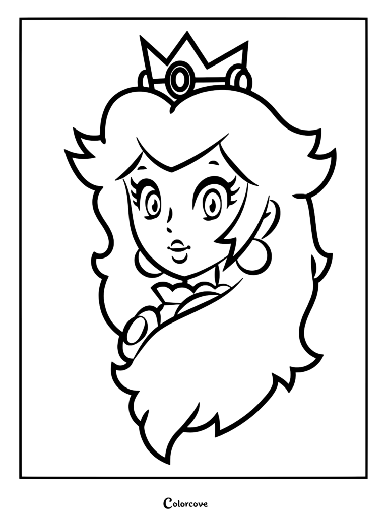 A detailed line art coloring page featuring a close-up portrait of Princess Peach wearing her signature crown and earrings.