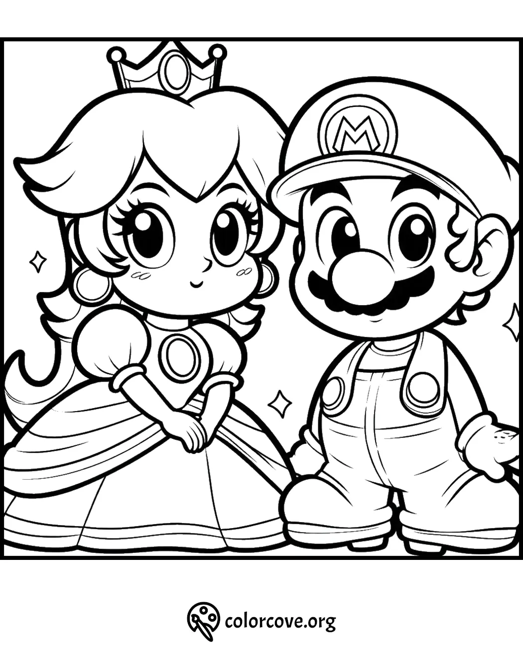 Coloring page featuring a princess with a crown and a character in overalls and a cap. Perfect for kids' activities.