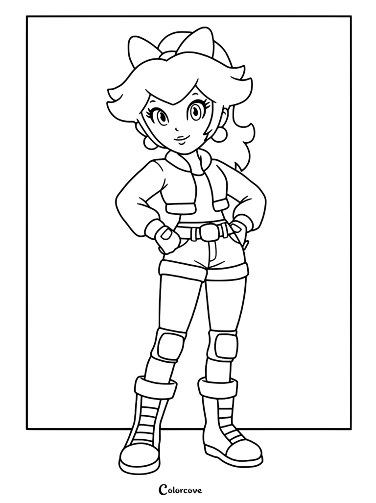 Princess Peach wearing a biker jacket, shorts, and knee pads in this printable coloring page.