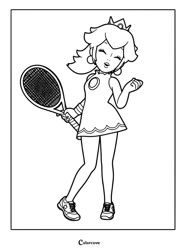 Princess Peach wearing a tennis outfit and holding a racket in this printable coloring page.