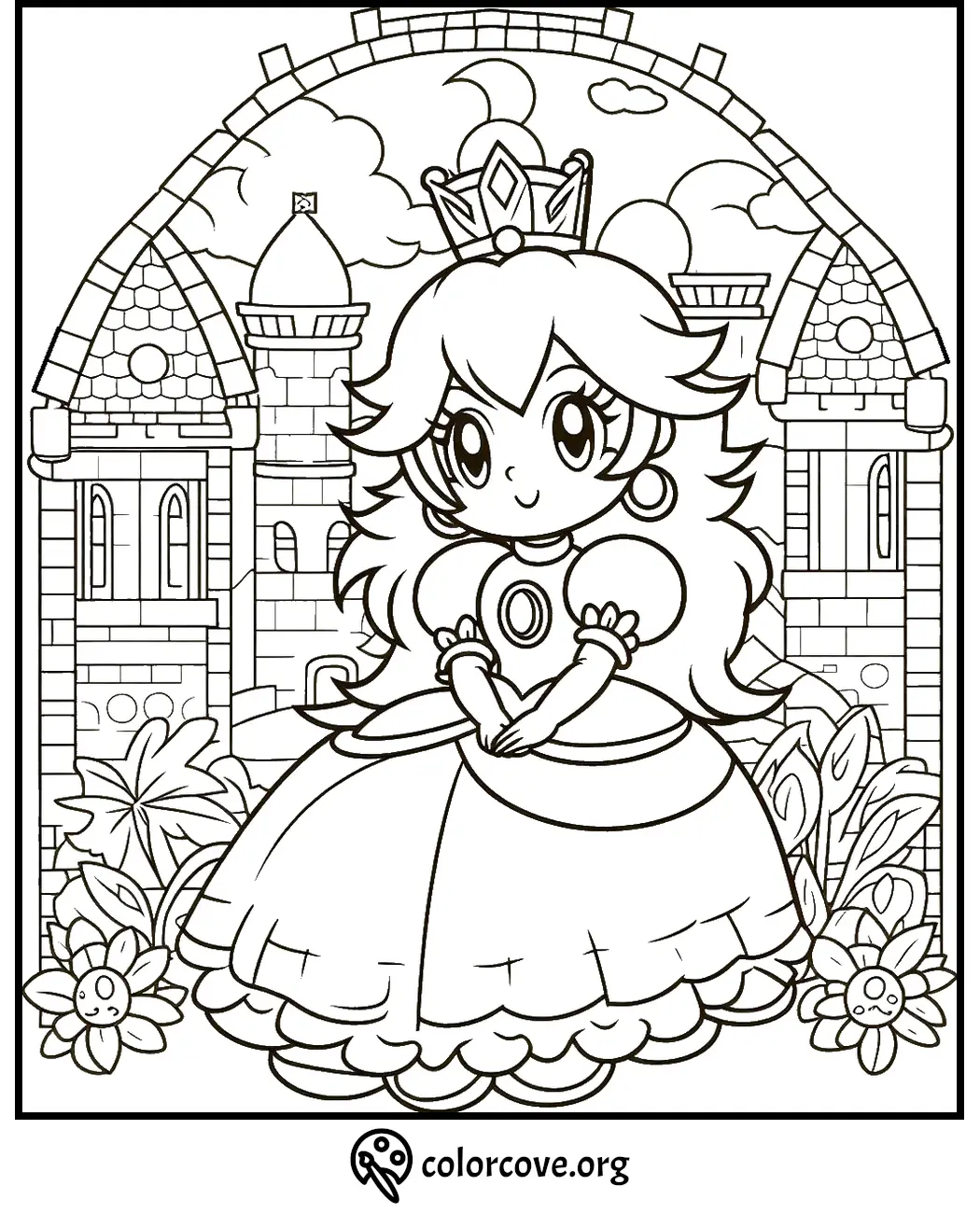 Princess coloring page for kids with a castle and flowers in the background from colorcove.org.