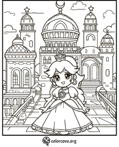 Princess coloring page with a castle background, featuring towers and domes, ideal for kids and creativity.