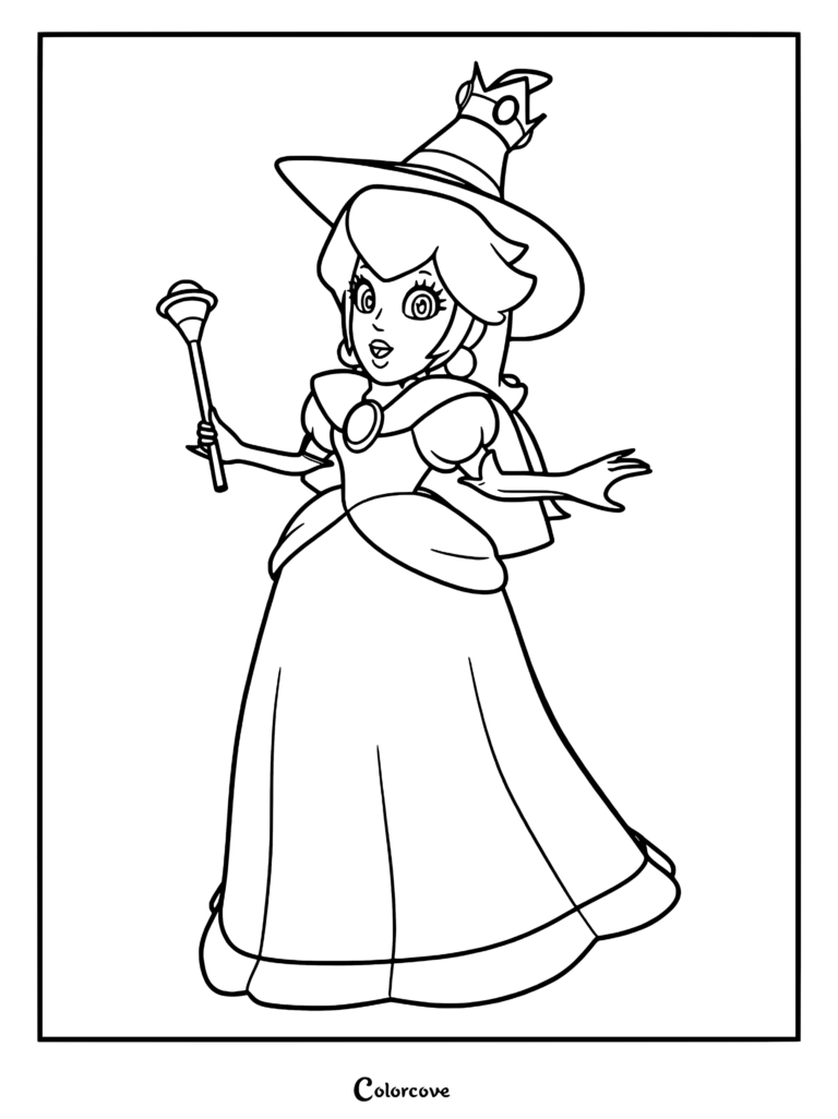 Princess Peach wearing a witch hat and holding a magic wand in this printable coloring page.