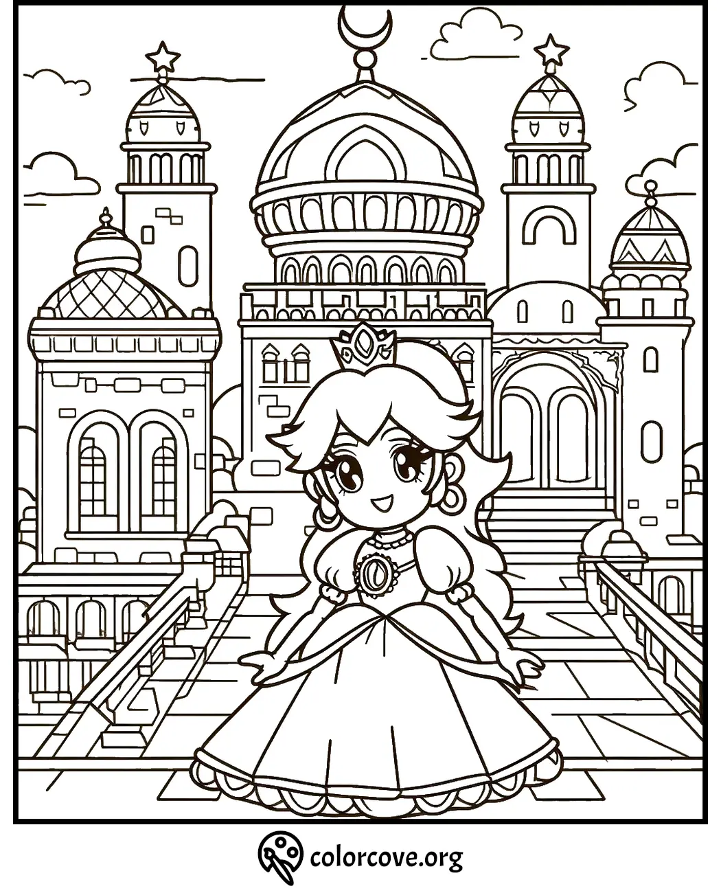 Princess coloring page with a castle background, featuring towers and domes, ideal for kids and creativity.