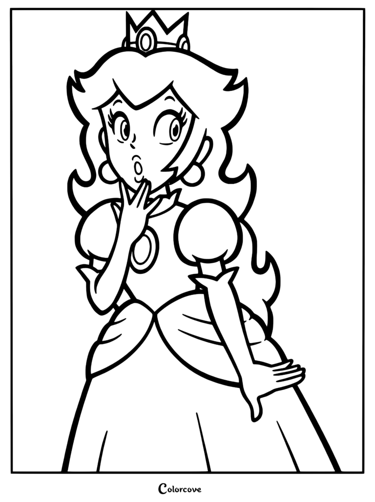Princess Peach with a surprised expression, hand over her mouth, in this printable coloring page.