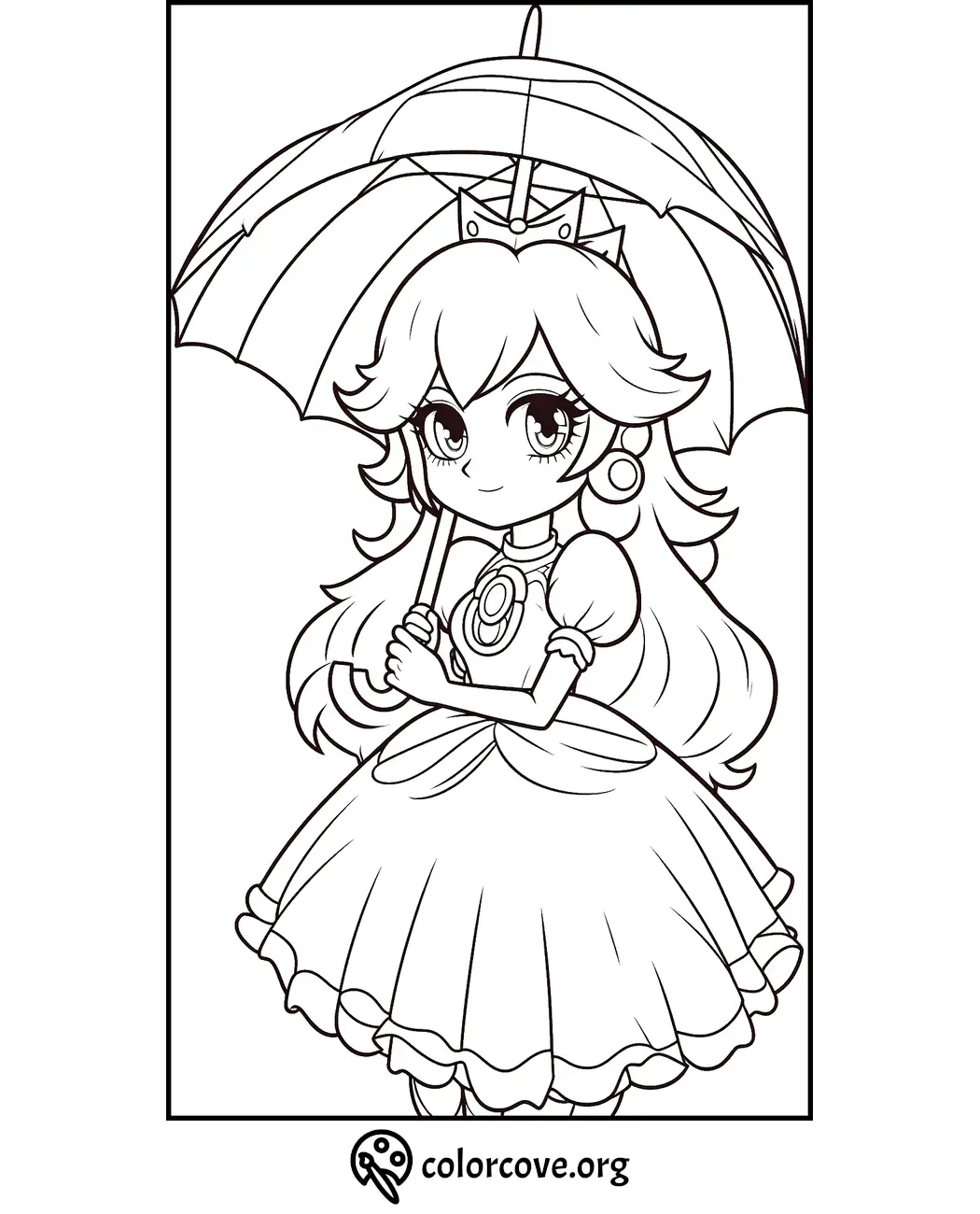 Princess holding an umbrella coloring page for kids, printable activity from Colorcove.org for creativity and fun.