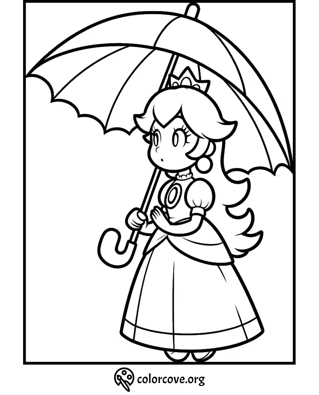 Princess holding an umbrella in a coloring page for kids from Colorcove.org. Free printable and fun for children.