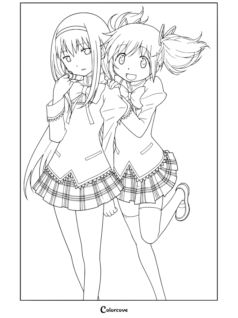 Coloriage de Puella Magi Madoka Magica mettant en scène Homura Akemi et Madoka Kaname souriant ensemble en uniformes du Collège Mitakihara.