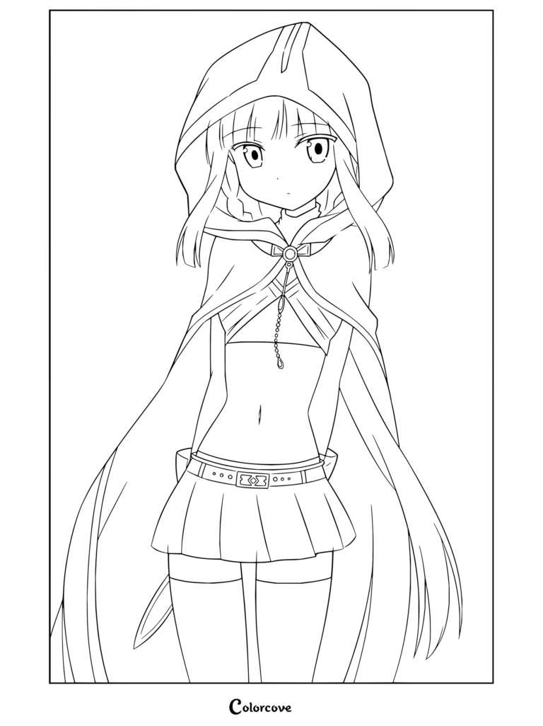 Coloriage à imprimer d'Iroha Tamaki debout dans sa tenue de Magical Girl avec une capuche blanche et une cape rose, issue de Puella Magi Madoka Magica Magia Record.