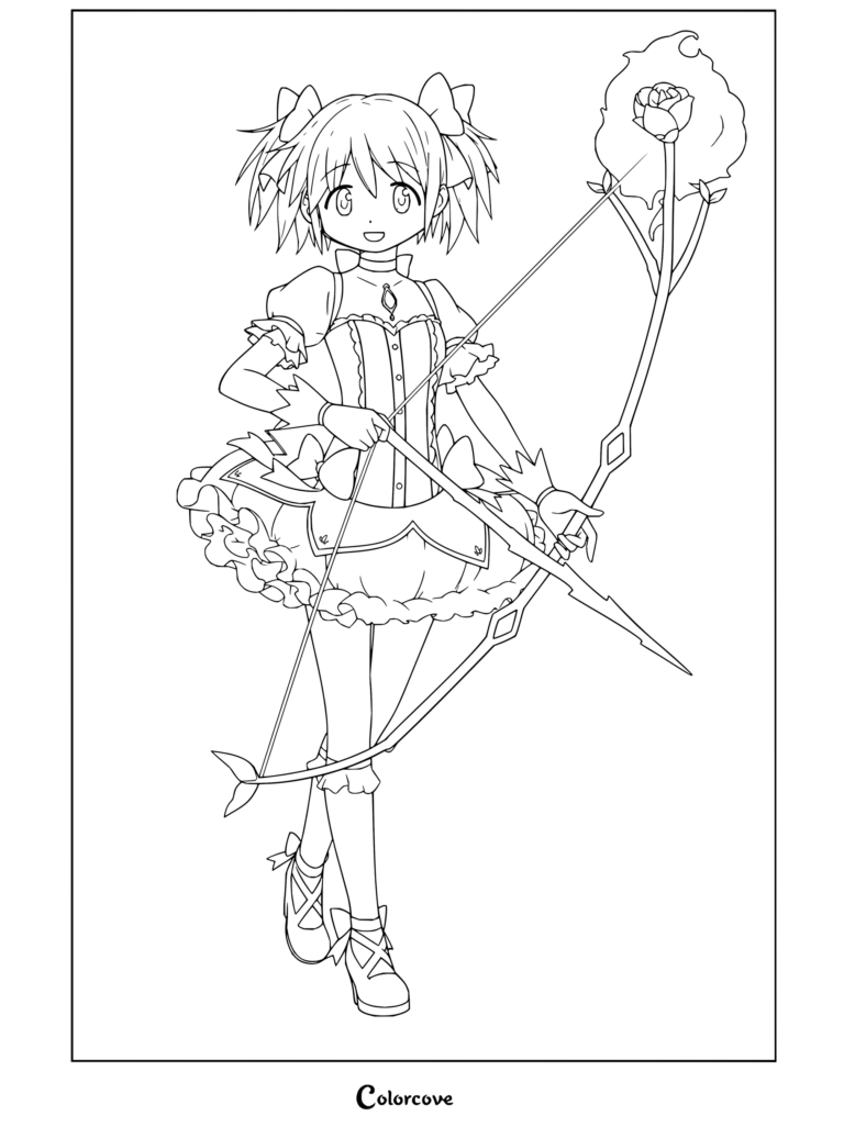 Coloriage à imprimer de Madoka Kaname dans sa tenue de Magical Girl tenant un arc rose et une flèche avec un effet de flamme florale, inspiré de Puella Magi Madoka Magica.