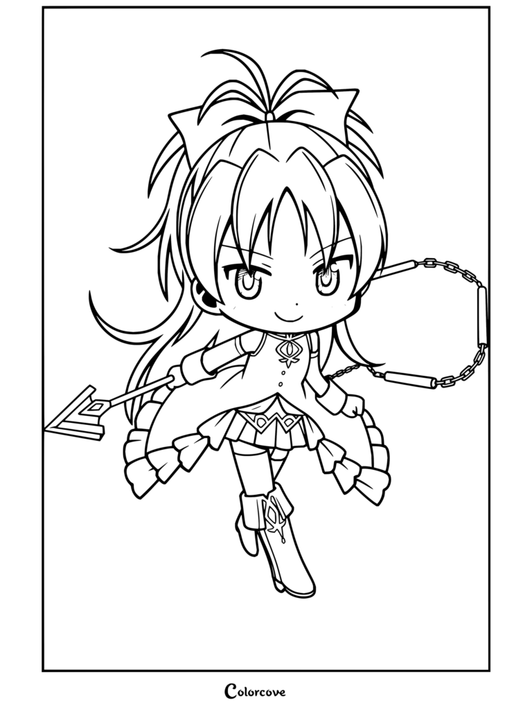 Coloriage de Kyoko Sakura en version chibi de Puella Magi Madoka Magica tenant une lance et un bâton à chaîne, prête pour le combat.