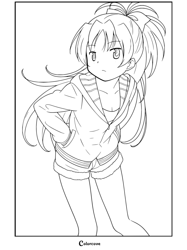 Coloriage gratuit de Puella Magi Madoka Magica représentant Kyoko Sakura vêtue d'un sweat à capuche vert et d'un short en jean bordé de fourrure, penchée en avant les mains dans le dos.
