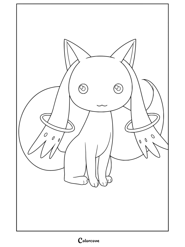 Coloriage à imprimer de Kyubey assis de face avec des anneaux dorés aux oreilles et des yeux rouge rosé, issu de Puella Magi Madoka Magica.