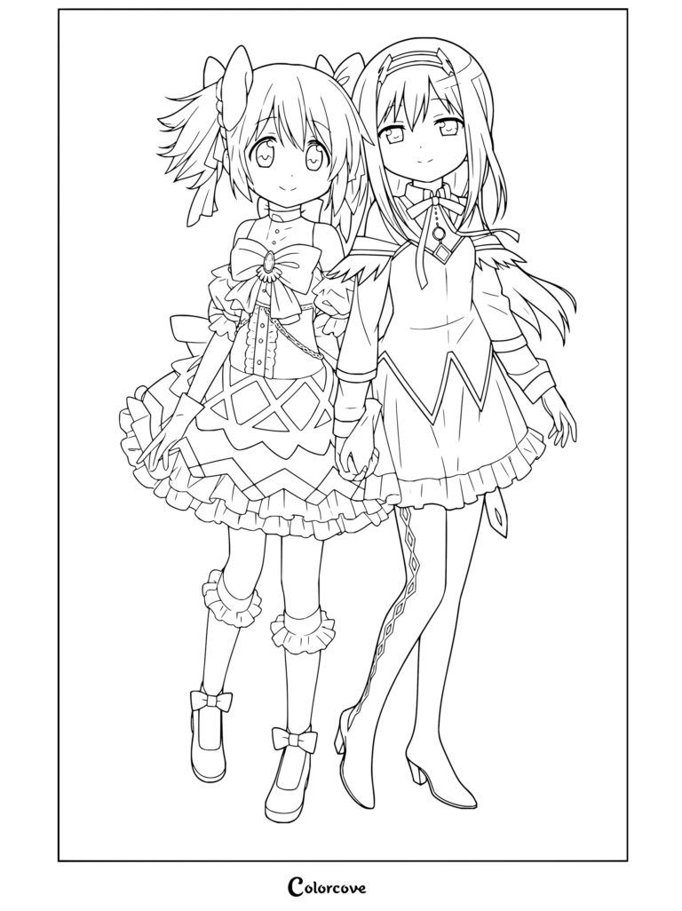 Coloriage à imprimer de Puella Magi Madoka Magica représentant Madoka Kaname et Homura Akemi côte à côte en tenues de Magical Girls se tenant la main façon standee acrylique.