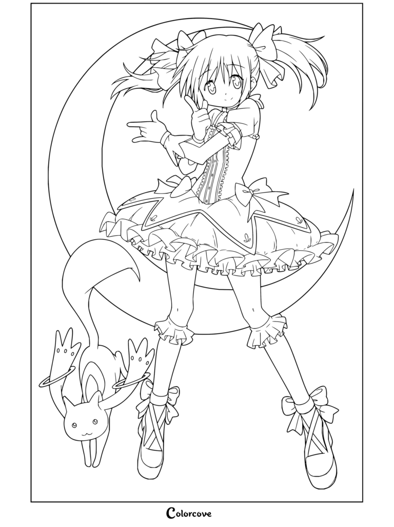 Coloriage de Puella Magi Madoka Magica représentant Madoka Kaname dans sa tenue de Magical Girl posant devant un croissant de lune jaune avec Kyubey.