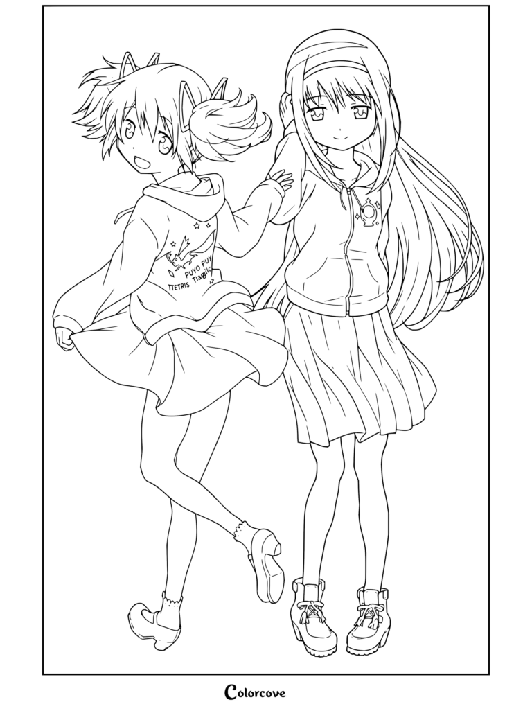 Coloriage à imprimer de Puella Magi Madoka Magica avec Madoka Kaname en sweat à capuche blanc et Homura Akemi en sweat à capuche bleu réunies.