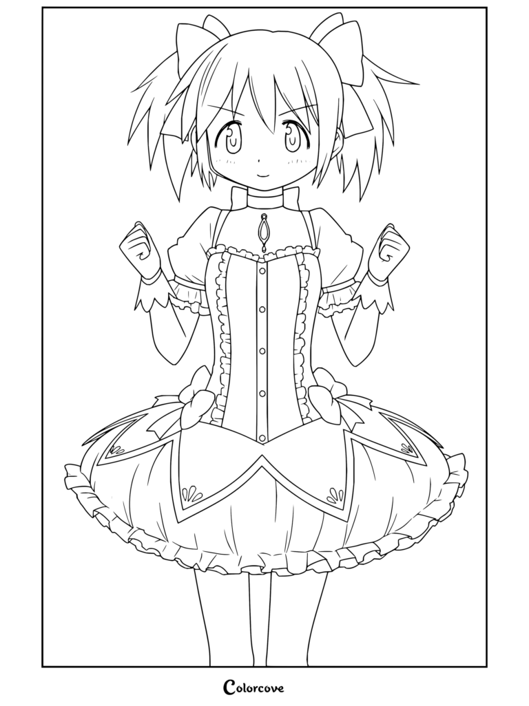 Coloriage pour les fans de Puella Magi Madoka Magica avec Madoka Kaname en tenue de Magical Girl, posant avec assurance avec ses couettes roses et son ras-de-cou Gemme d'Âme.