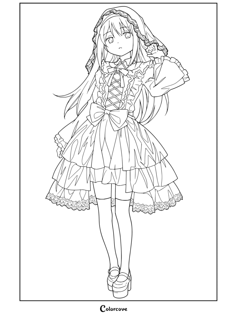 Coloriage de Puella Magi Madoka Magica montrant Homura Akemi vêtue d'une robe et d'une capuche de style gothic lolita.