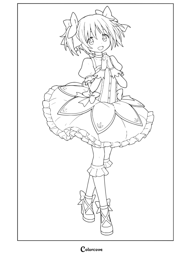 Coloriage à imprimer de Madoka Kaname dans sa tenue de Magical Girl, prenant une pose malicieuse avec ses couettes et ses nœuds roses, inspiré de Puella Magi Madoka Magica.