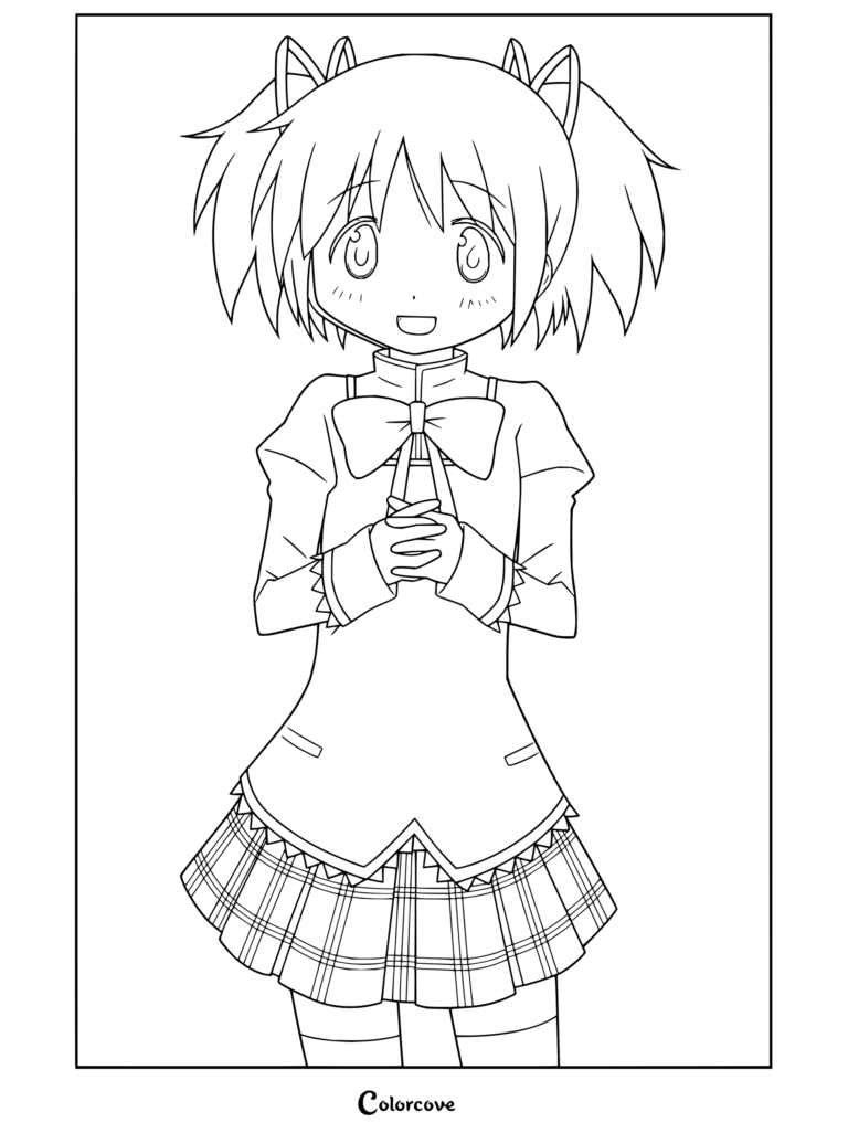 Coloriage de Puella Magi Madoka Magica montrant Madoka Kaname souriant joyeusement en uniforme du Collège Mitakihara avec ses deux couettes et un nœud rouge.