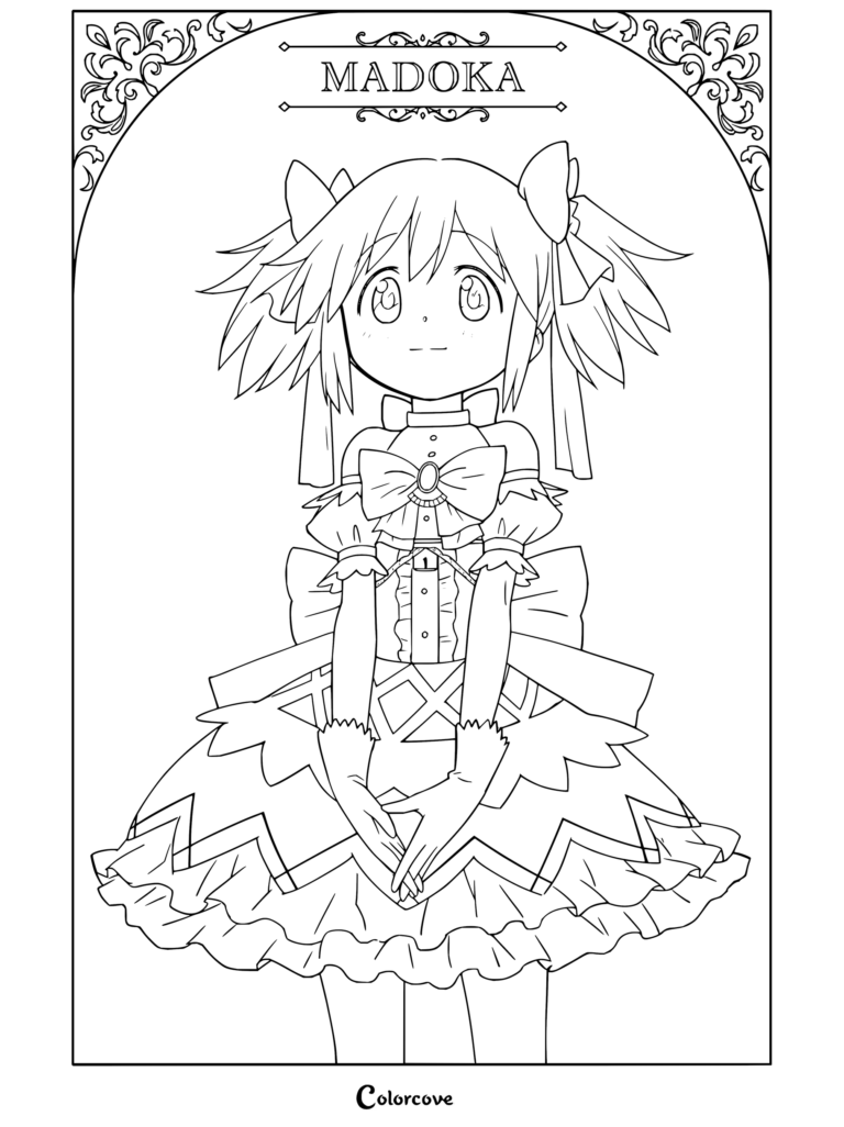 Coloriage à imprimer de Madoka Kaname dans sa tenue de Magical Girl avec une robe rose et des couettes, issu de Puella Magi Madoka Magica.