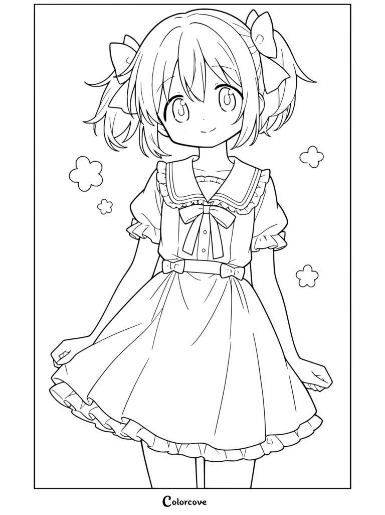 Coloriage de Puella Magi Madoka Magica représentant Madoka Kaname vêtue d'une robe marinière bleu clair avec des nœuds blancs dans ses couettes roses.