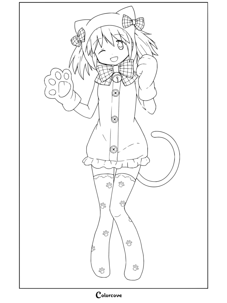 Madoka Kaname portant un pyjama combinaison chat blanc avec des mitaines pattes, des chaussettes et des nœuds roses, faisant un clin d'œil malicieux dans ce coloriage de Puella Magi Madoka Magica.