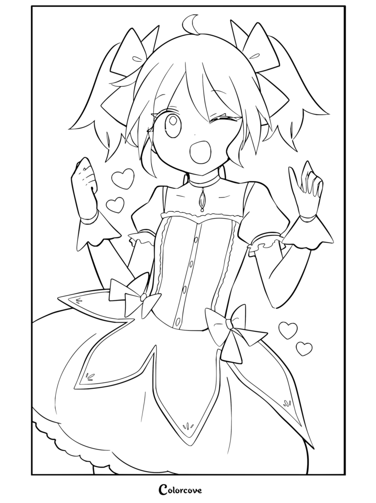 Coloriage de Puella Magi Madoka Magica avec Madoka Kaname faisant un clin d'œil et souriant dans sa tenue de Magical Girl ornée de cœurs.