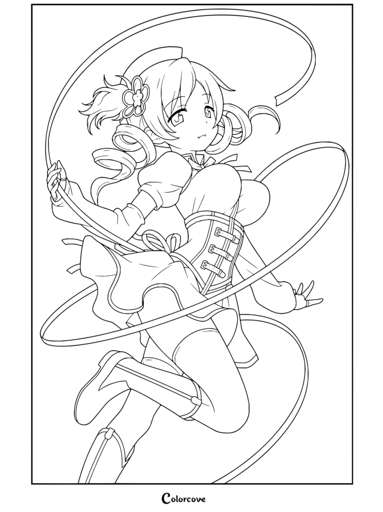 Coloriage de Mami Tomoe de Puella Magi Madoka Magica dans sa tenue de Magical Girl, prenant une pose dynamique en maniant des rubans jaunes.
