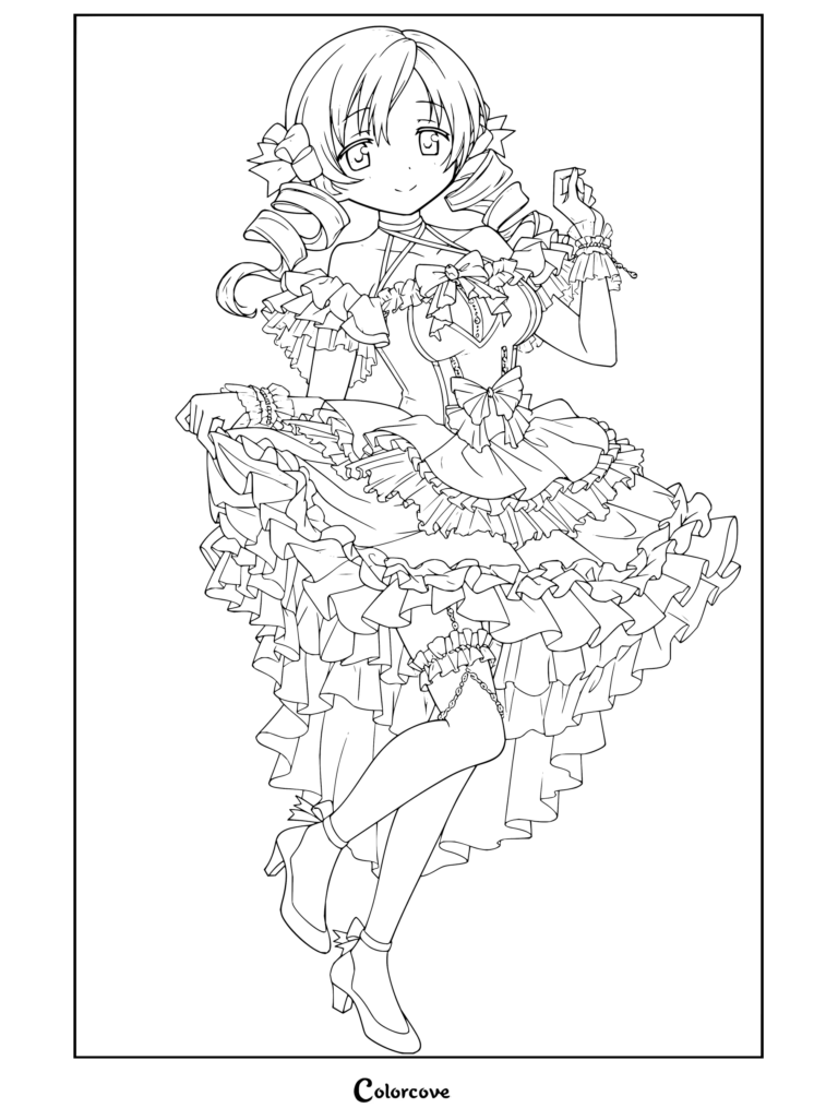 Coloriage à imprimer de Mami Tomoe vêtue d'une robe élaborée à volants jaune et blanc, tenant sa jupe en souriant, issu de Puella Magi Madoka Magica.