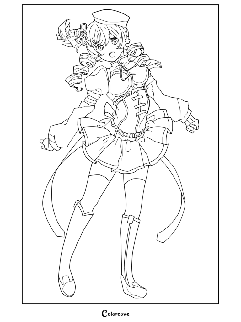 Coloriage gratuit de Puella Magi Madoka Magica montrant Mami Tomoe vêtue d'une tenue alternative de style steampunk avec un corset et une jupe plissée.