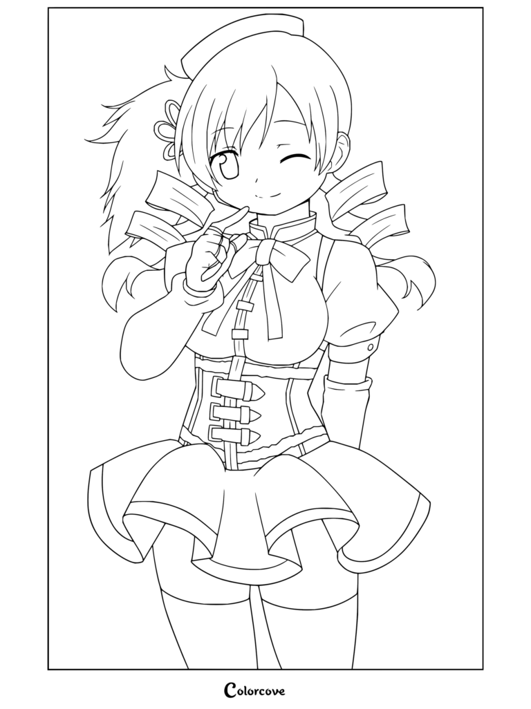 Coloriage à imprimer de Mami Tomoe faisant un clin d'œil et touchant sa joue, vêtue de sa tenue emblématique de Magical Girl avec ses anglaises et son corset, issu de Puella Magi Madoka Magica.