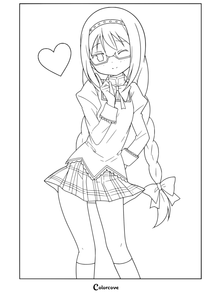 Coloriage à imprimer d'Homura Akemi en uniforme du Collège Mitakihara dans Puella Magi Madoka Magica, avec des cheveux tressés, des lunettes, un clin d'œil et un cœur en arrière-plan.