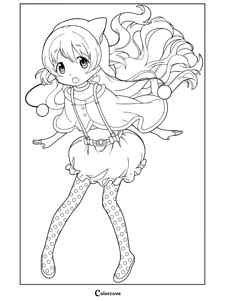 Un coloriage de Nagisa Momoe de Puella Magi Madoka Magica dans sa tenue de Magical Girl, prenant une pose espiègle avec ses longs cheveux blancs et sa capuche marron.
