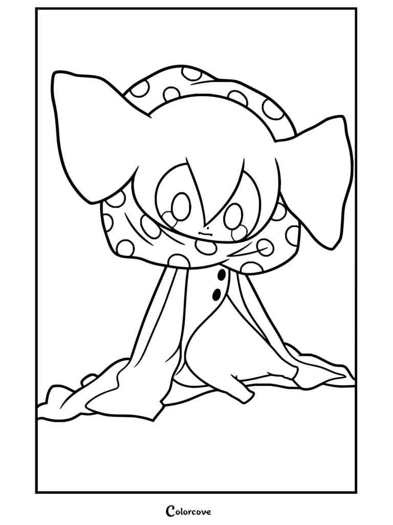 Coloriage à imprimer de Charlotte la Sorcière des Desserts sous sa forme de mascotte avec des cheveux roses et une écharpe à pois, issue de Puella Magi Madoka Magica.