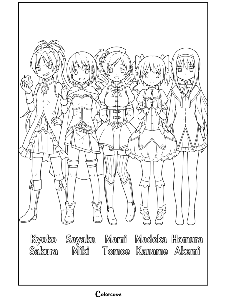 Coloriage de Puella Magi Madoka Magica présentant un portrait de groupe avec Kyoko Sakura tenant une pomme, Sayaka Miki, Mami Tomoe, Madoka Kaname et Homura Akemi.