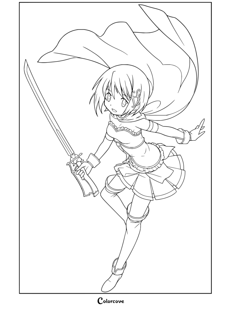 Coloriage de Sayaka Miki tenant une épée dans une pose de combat dynamique, avec sa cape blanche flottante et sa tenue de Magical Girl, pour Puella Magi Madoka Magica.
