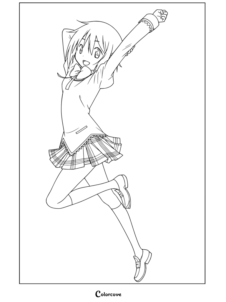 Coloriage de Sayaka Miki sautant de joie les bras levés dans son uniforme du Collège Mitakihara, issu de Puella Magi Madoka Magica.