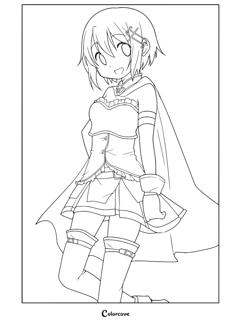 Coloriage de Sayaka Miki en tenue de Magical Girl avec ses cheveux bleus et sa cape, souriant et posant, pour Puella Magi Madoka Magica.