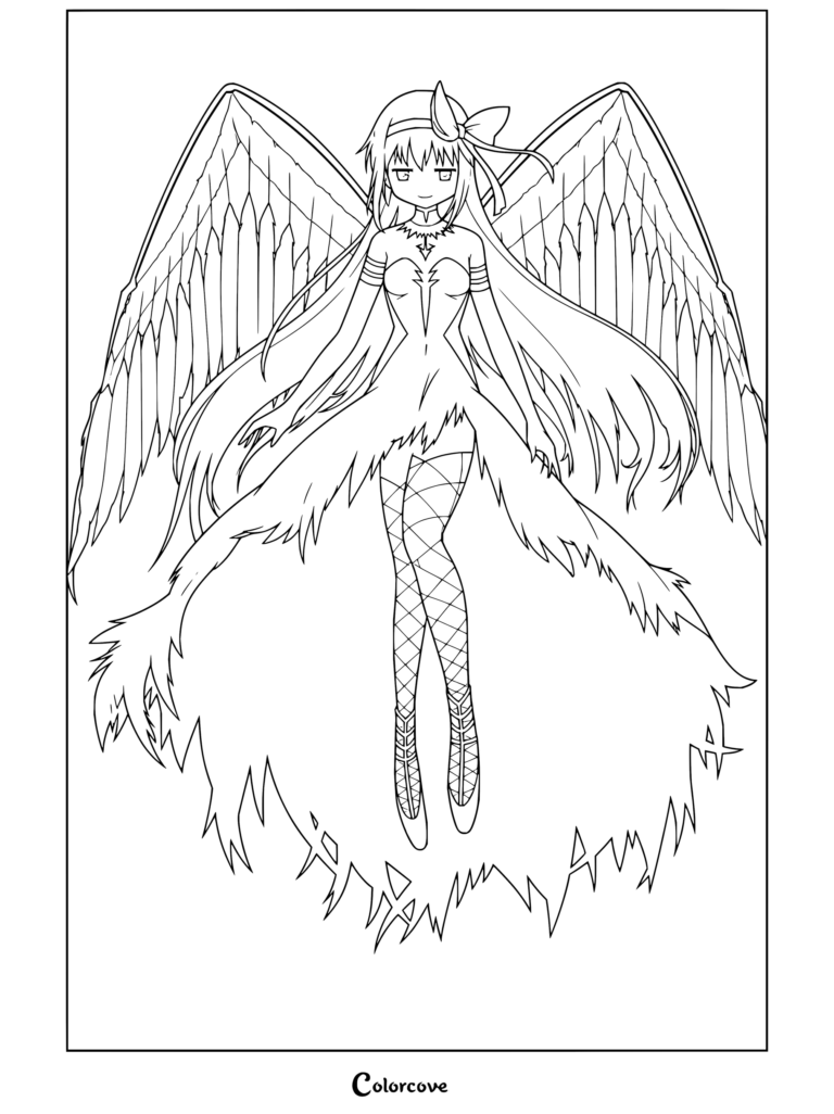 Coloriage gratuit d'Homura Akemi sous sa forme de Devil Homura avec de grandes ailes de plumes, issu du film Puella Magi Madoka Magica The Rebellion Story.