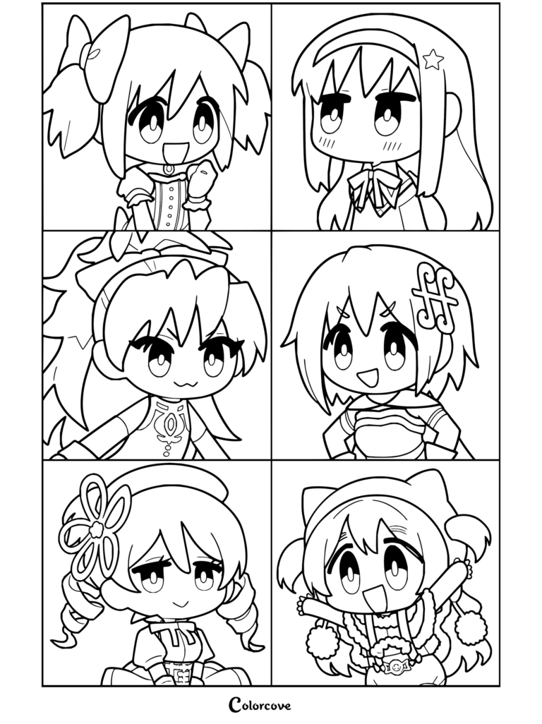 Coloriage fan art chibi de Puella Magi Madoka Magica mettant en scène Madoka Kaname, Homura Akemi, Kyoko Sakura, Sayaka Miki, Mami Tomoe et Nagisa Momoe.