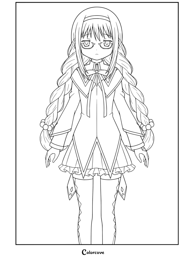Homura Akemi vêtue de sa tenue de Magical Girl avec lunettes et tresses dans un coloriage de Puella Magi Madoka Magica.