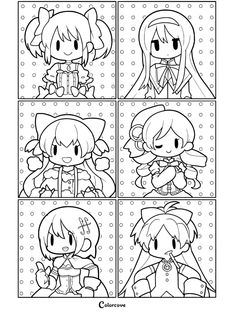 Coloriage fan art chibi de Puella Magi Madoka Magica montrant une grille avec Madoka Kaname, Homura Akemi, Kyoko Sakura, Sayaka Miki, Mami Tomoe et Nagisa Momoe.