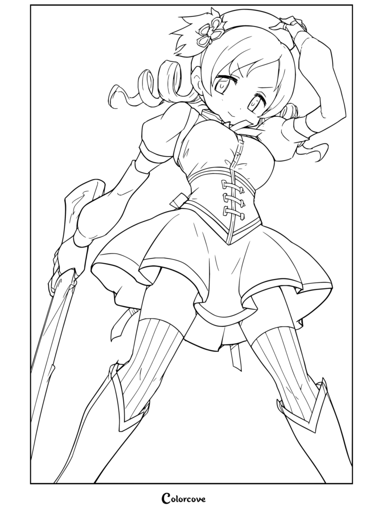 Coloriage gratuit de Puella Magi Madoka Magica montrant Mami Tomoe tenant un mousquet, se tenant fièrement avec sa tenue à corset et ses anglaises.