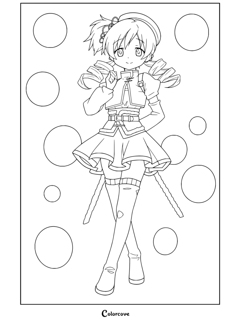 Mami Tomoe dans sa tenue de Magical Girl posant avec assurance sur un fond bokeh jaune dans ce coloriage de Puella Magi Madoka Magica.