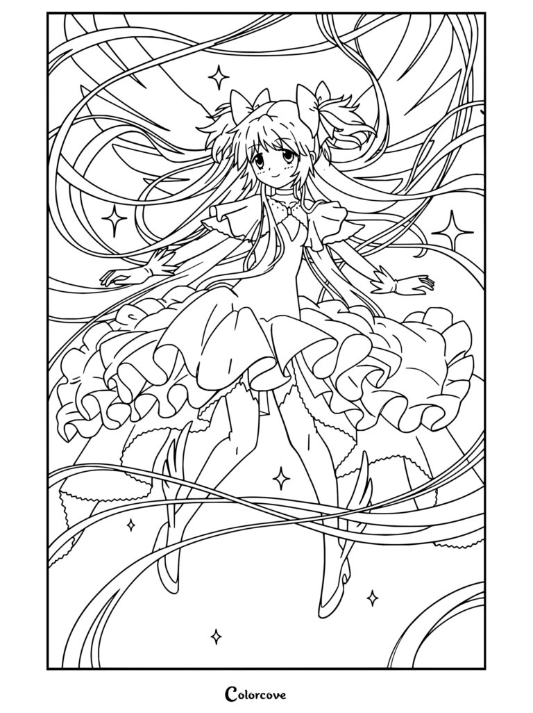 Coloriage à imprimer d'Ultimate Madoka flottant avec des ailes roses et des cheveux au vent en robe blanche, issu de Puella Magi Madoka Magica.
